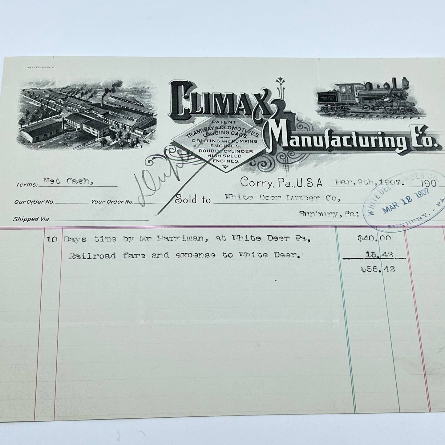 1907 Climax Manufacturing Co. Trainway Locomotive Letterhead Corry PA AB2