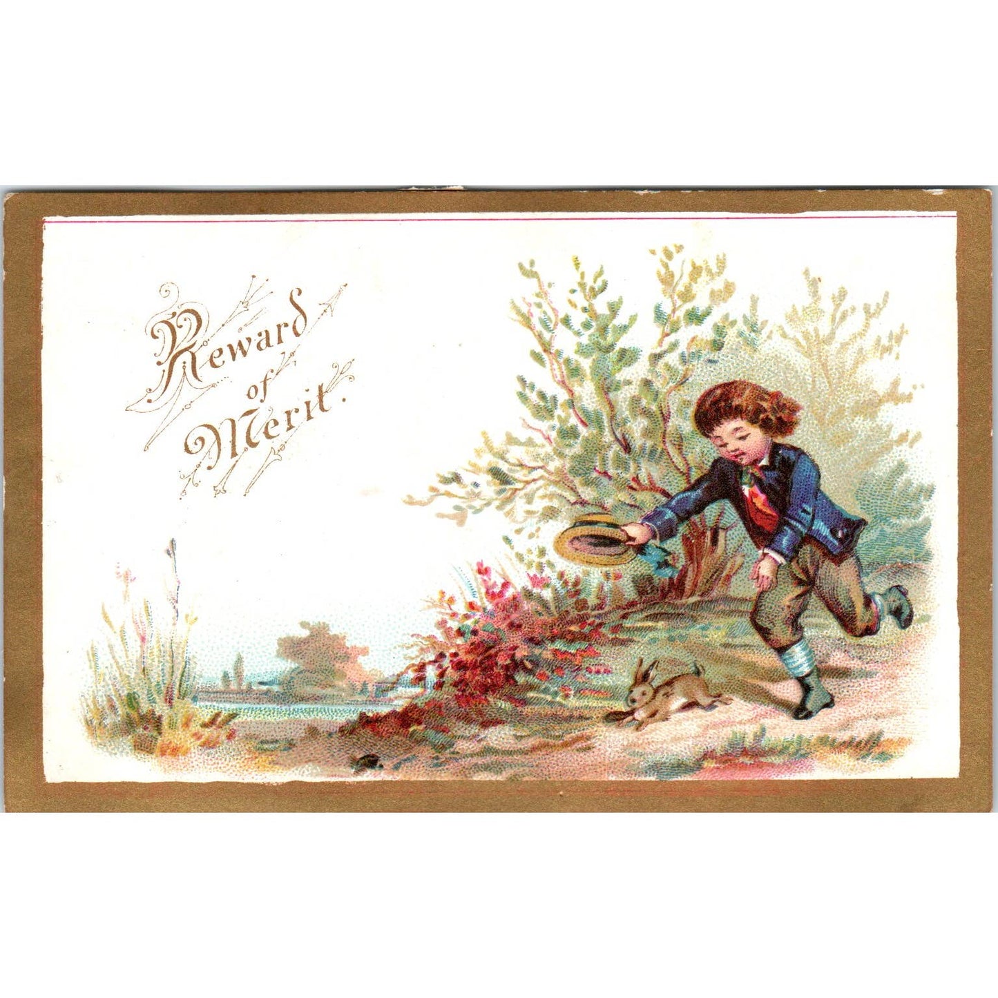 1880s Victorian Trade Card Blank Reward of Merit Boy Chasing Rabbit SF2