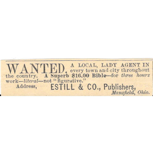 Bible Sales Lady Estill & Co. Publishers Mansfield OH Ad 1878 Original TJ7-L2-4