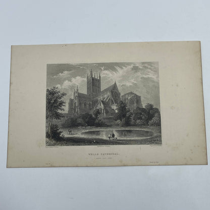 1836 Original Art Engraving Wells Cathedral South East View AC6