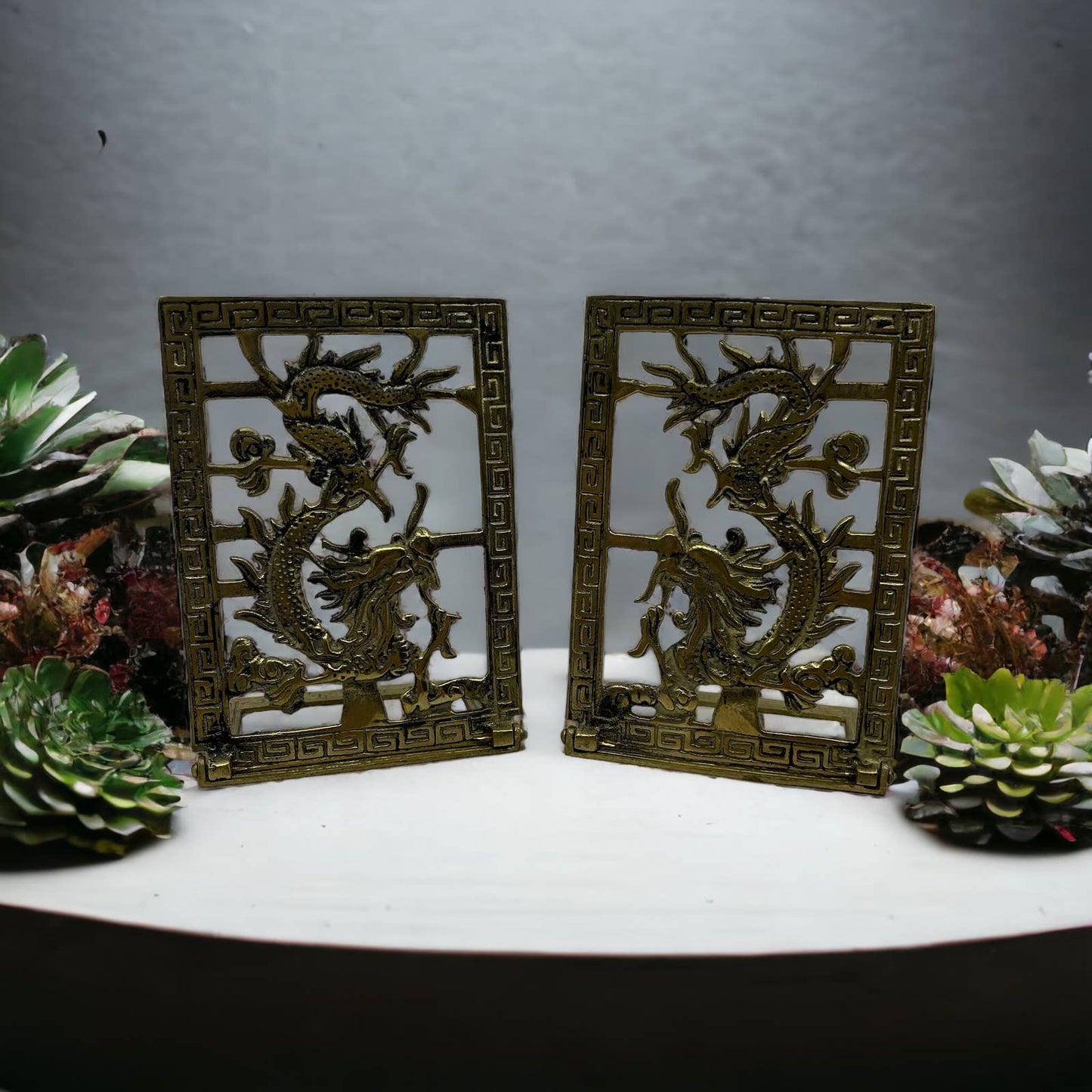 MCM Pair 2 Chinoiserie Dragon Brass Bookends 6x4" TK1