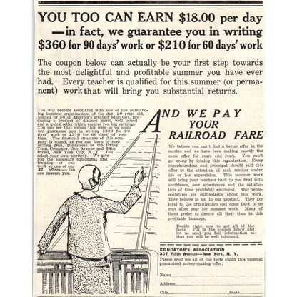 1931 Educators Association New York Advertisement Earn $18 Per Day ~5x6 FL5-1