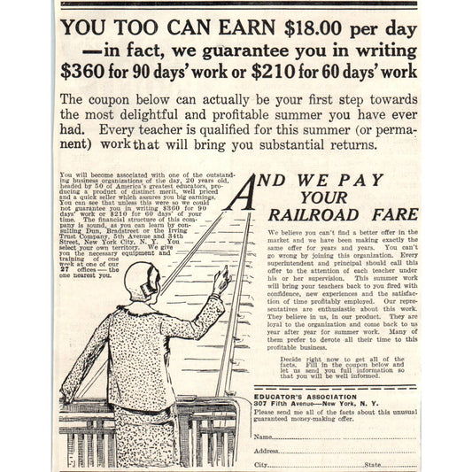 1931 Educators Association New York Advertisement Earn $18 Per Day ~5x6 FL5-1