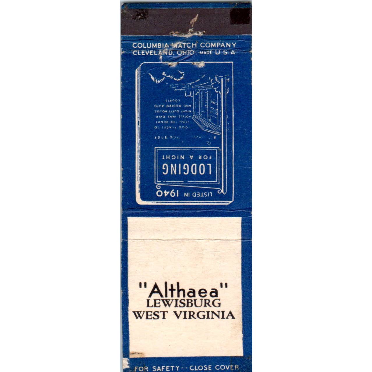 Althea Lewisburg West Virginia Advertising Matchbook Cover SA1-M8