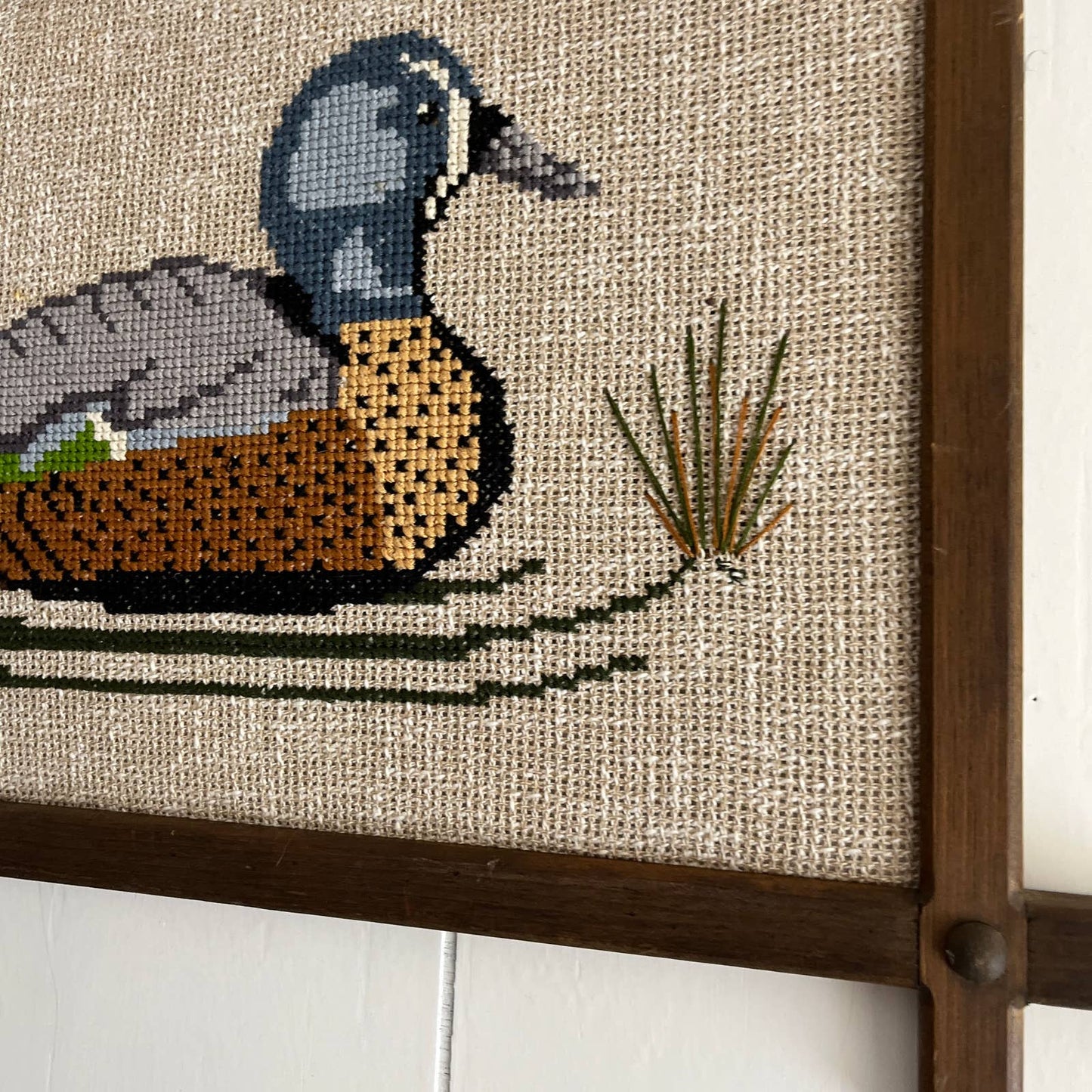 1970s Kitsch Rustic Wood Framed Mallard Duck Wall Needlepoint Art 25x17"