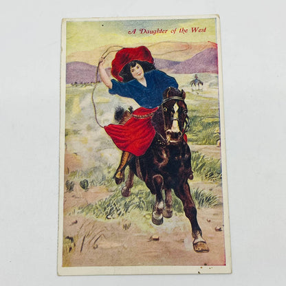 1908 Post Card Woman Cowboy Cowgirl Riding Horse Lasso Daughter of the West PA7