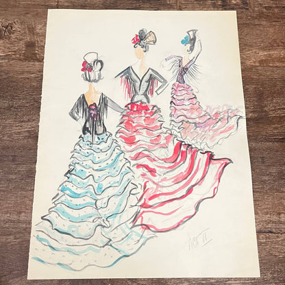 1960s Original LARGE Fashion Flamenco Illustrations By Edmund Dantez FL1