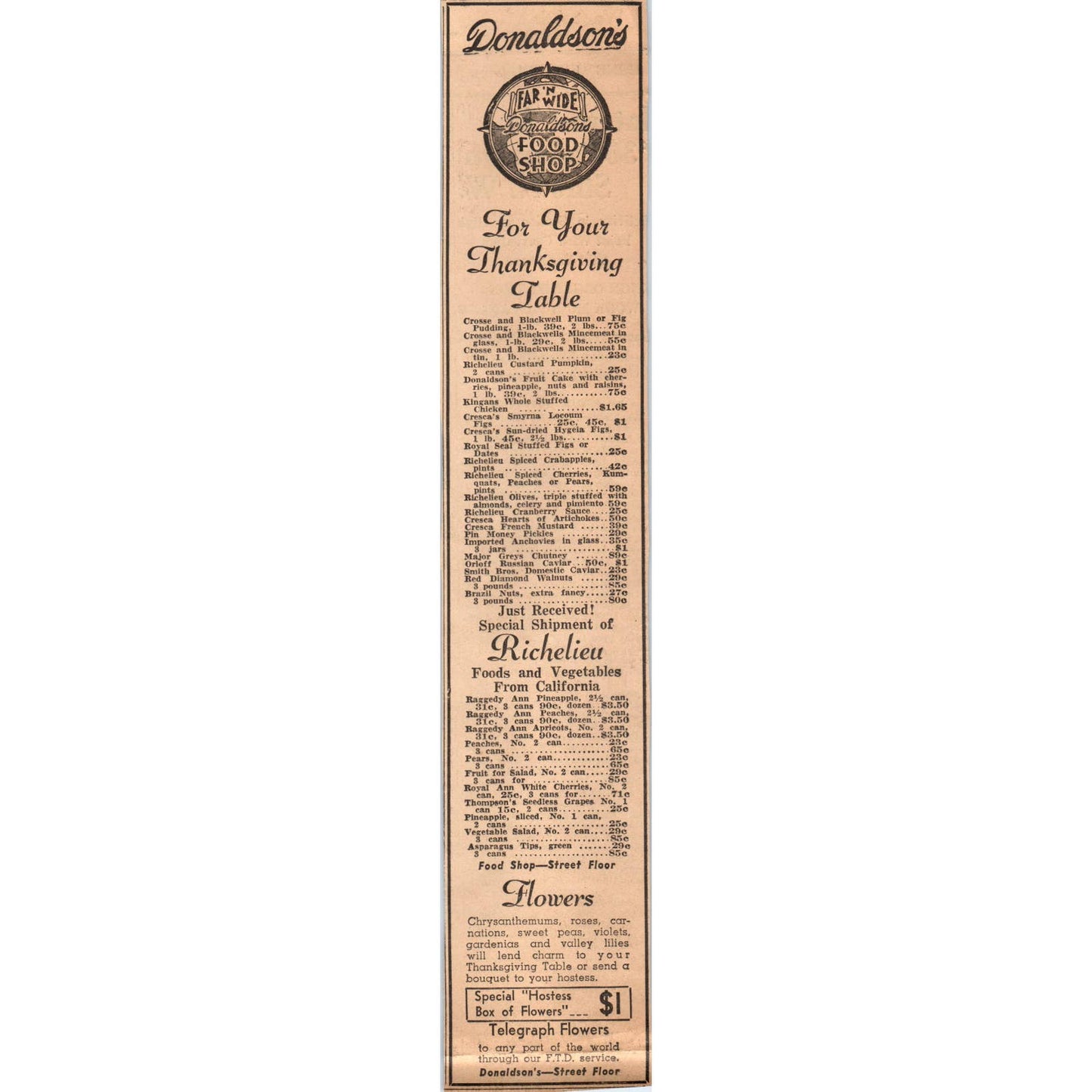 1935 Minneapolis Journal Newspaper Ad Donaldson's Food Shop Thanksgiving FL5-4