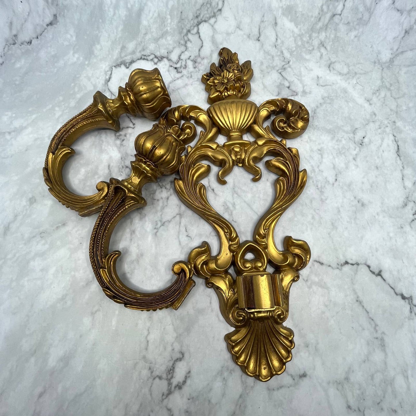 Vintage Gothic Brass Tone Cast Resin 2 Arm Wall Mount Candelabra Sconce 13" TI7