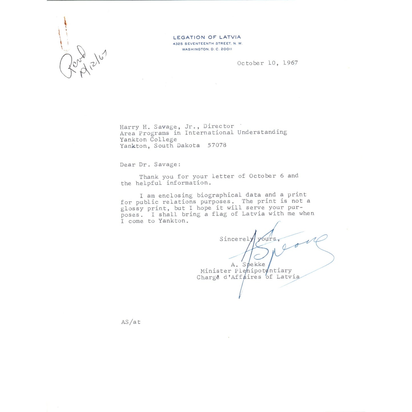 Legation of Latvia Official Letterhead Memo A. Spekke Oct 10 1967 B13