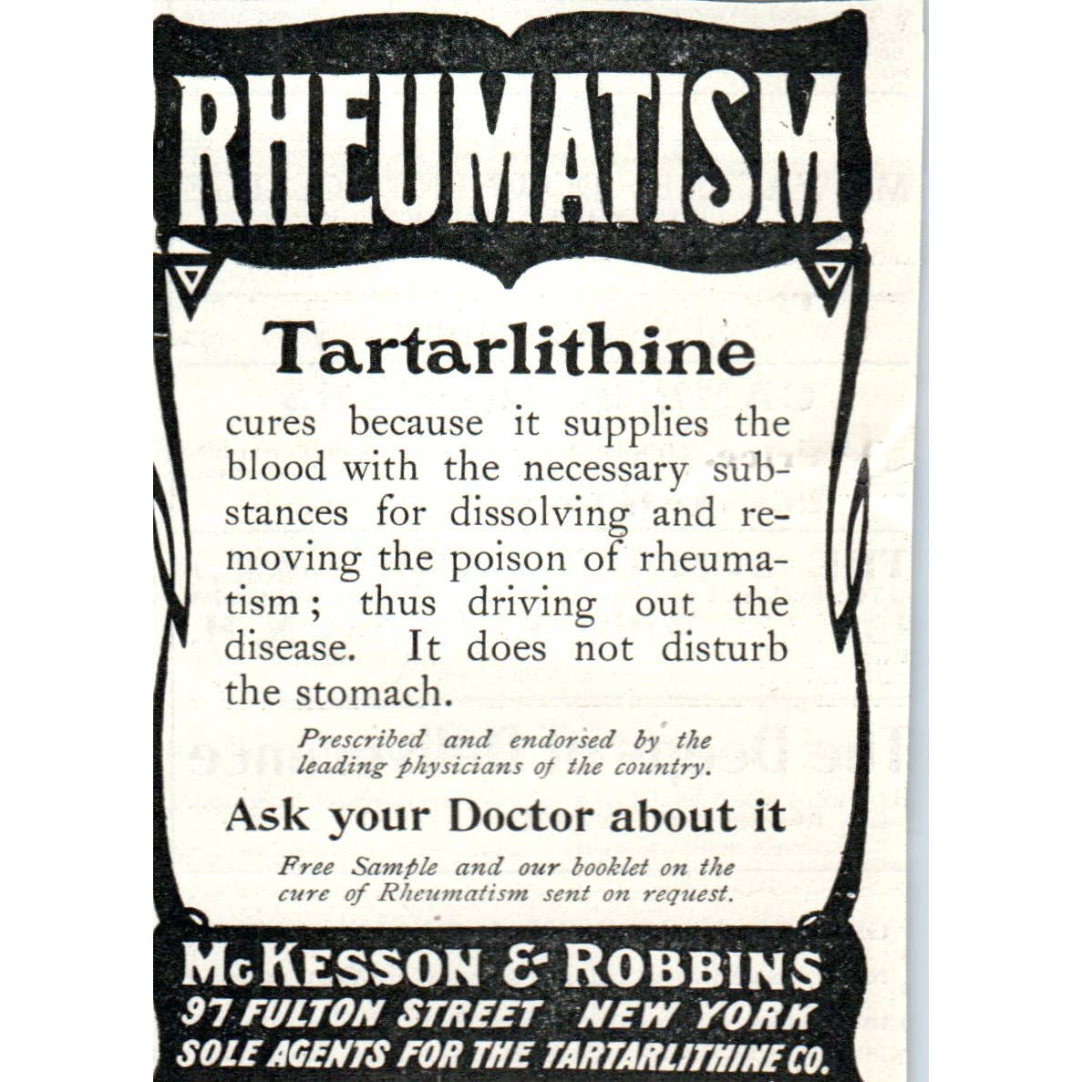 Rheumatism Tartarlithine McKesson & Robbins New York - 1903 Original Ad TJ7-L
