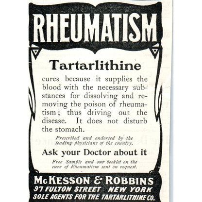 Rheumatism Tartarlithine McKesson & Robbins New York - 1903 Original Ad TJ7-L