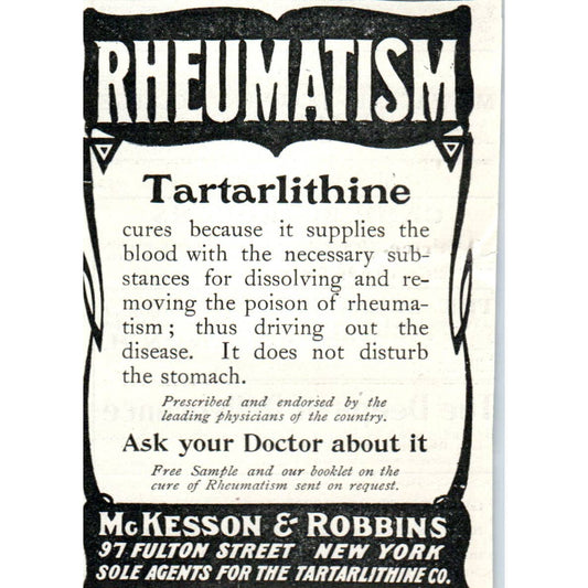 Rheumatism Tartarlithine McKesson & Robbins New York - 1903 Original Ad TJ7-L