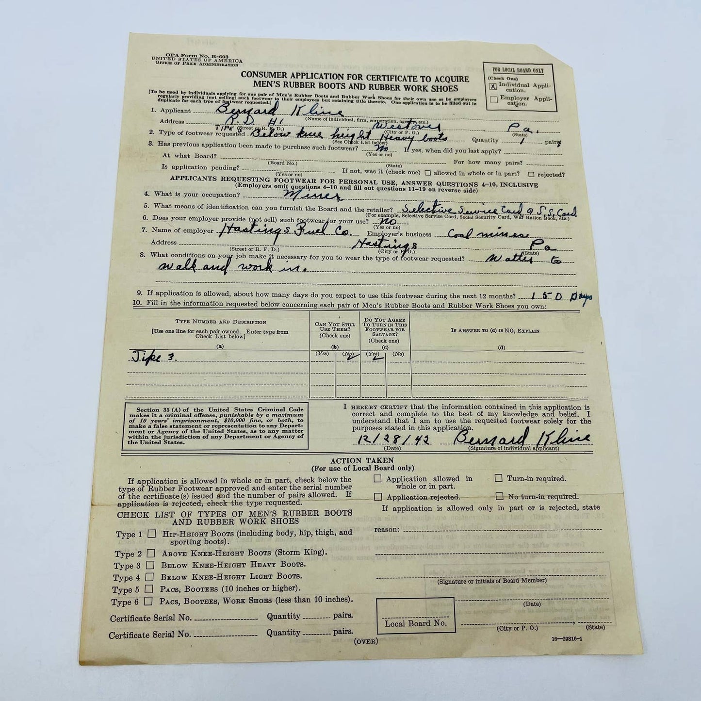 1942 OPA Application to Acquire Rubber Boots Bernard Klein Westover PA D3