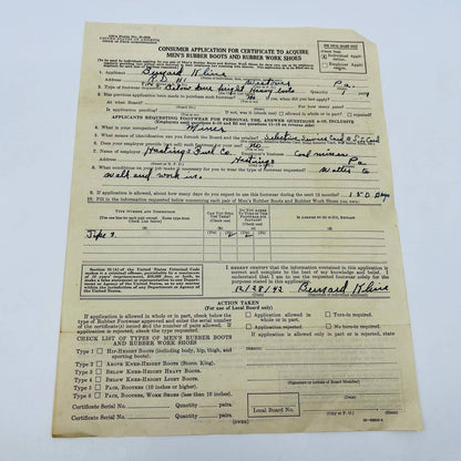 1942 OPA Application to Acquire Rubber Boots Bernard Klein Westover PA D3