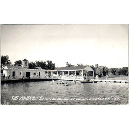 Salvation Army Camp Wonderland Boathouse Camp Lake WI 1952 RPPC Postcard TJ9-P3