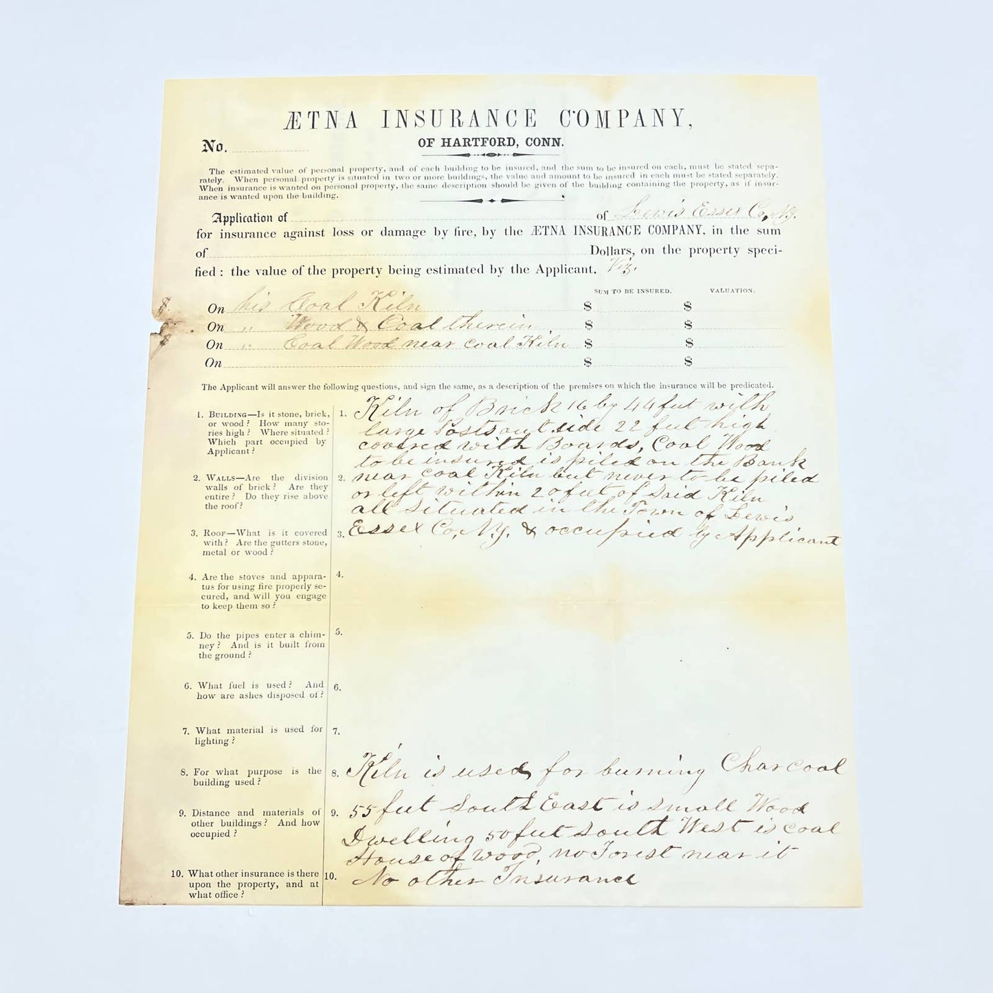 1850s Ætna Aetna Insurance Policy for Coal Kiln Hartford Conn AC2