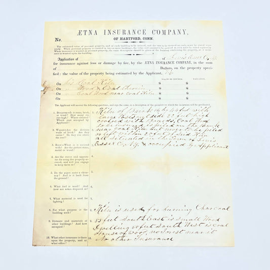 1850s Ætna Aetna Insurance Policy for Coal Kiln Hartford Conn AC2