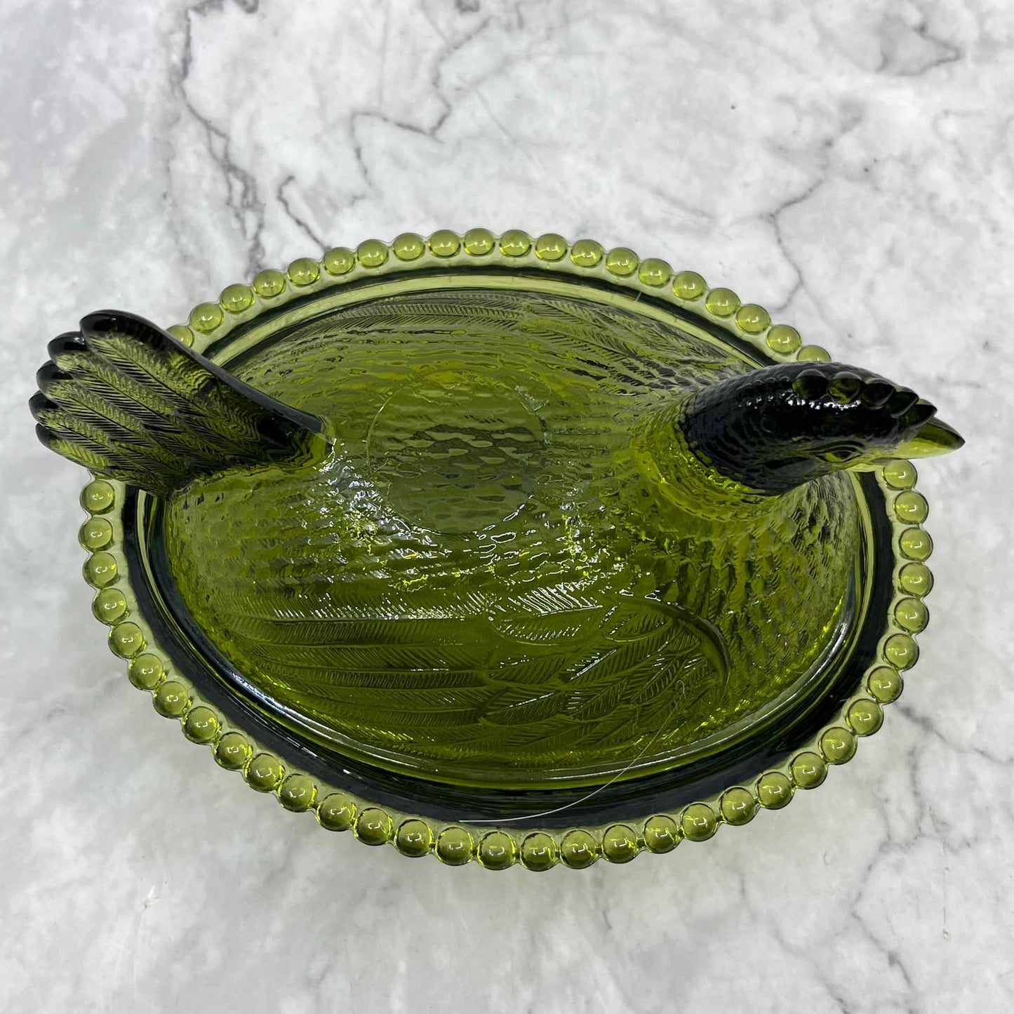 Vintage Nesting Hen Green Avocado Indiana Glass Hen on Nest Candy Dish ~7x5" TF6