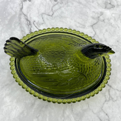 Vintage Nesting Hen Green Avocado Indiana Glass Hen on Nest Candy Dish ~7x5" TF6