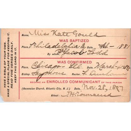 1881 Church Membership Card Kate Gould Ascension Church Atlantic City NJ SE4