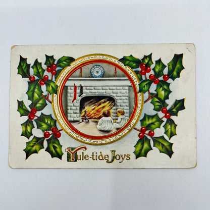 1910s Christmas Post Card Embossed Children Fireplace Stockings Candles Gilt PA4