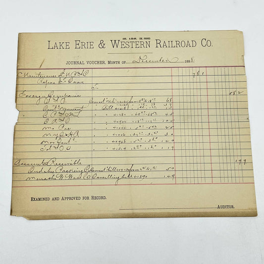 1898 Lake Erie & Western Railroad Co. Journal Voucher RR AB1