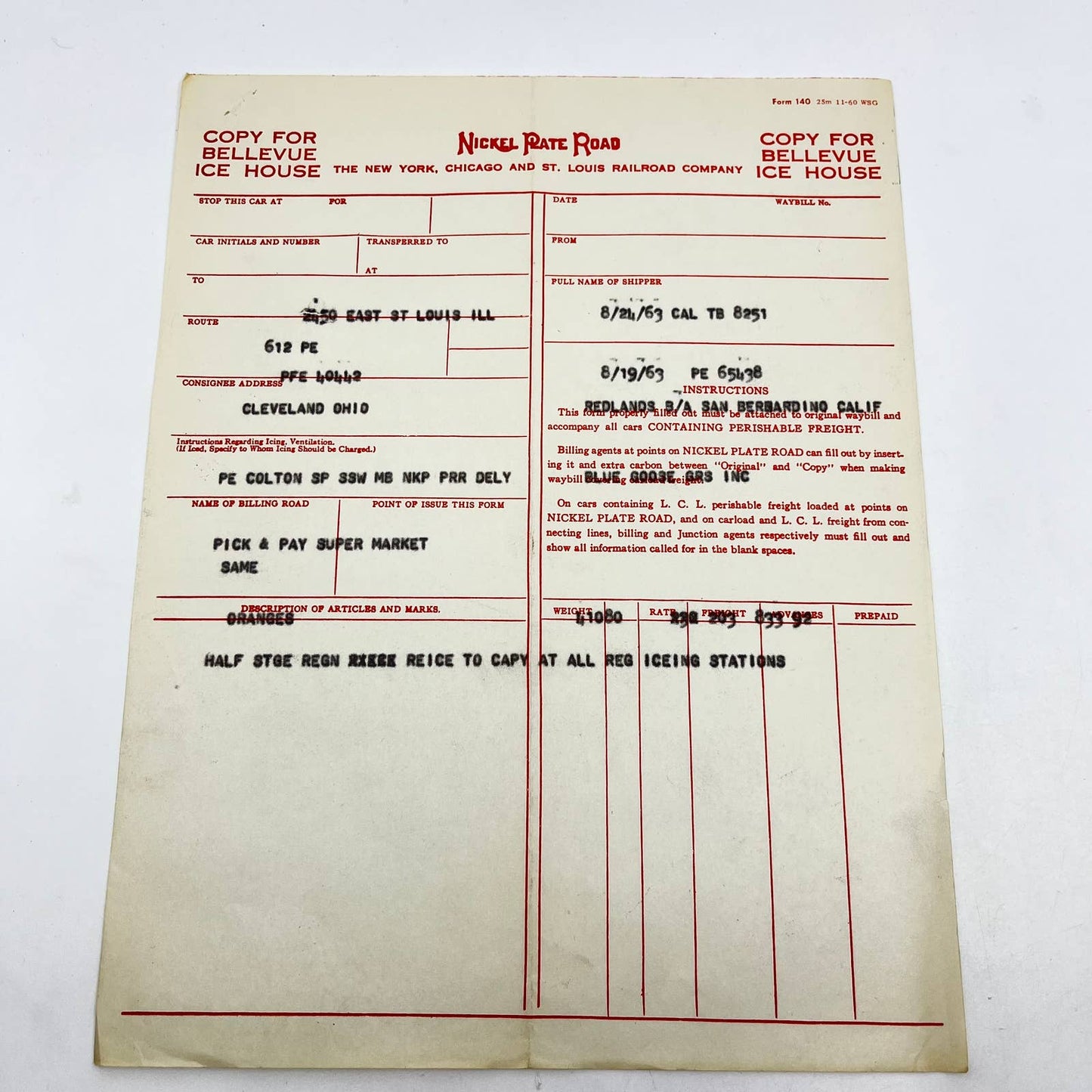 1963 New York Chicago & St Louis Railroad Co Nickel Plate Road Waybill Lot 2 AA9