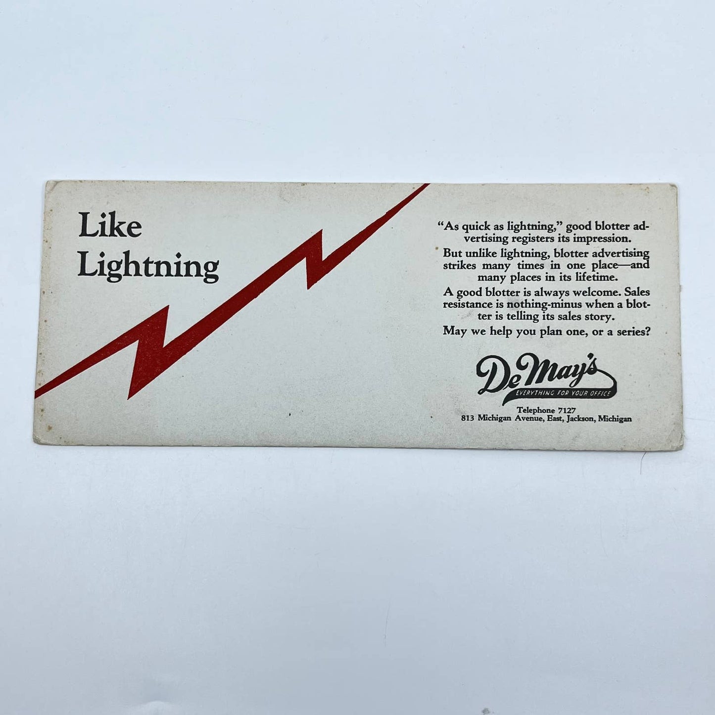 1920s Blotter Card Lightning Bolt DeMay’s Printing Jackson MI SC9