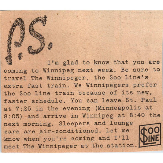 1935 Minneapolis Journal Newspaper Ad Winnipeg Soo Line Railroad FL5-5