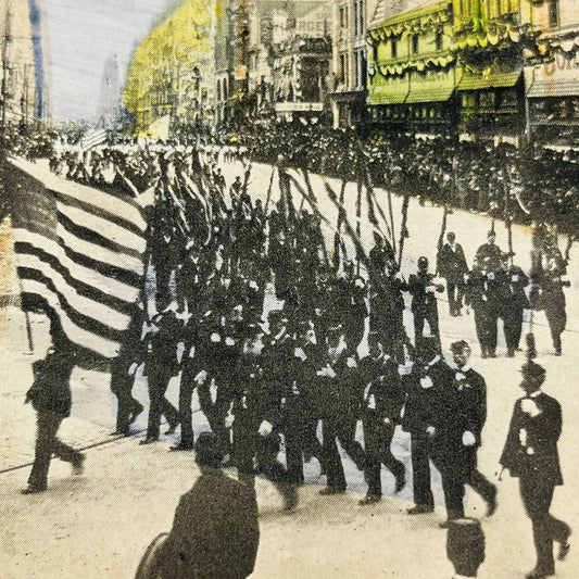 1898 Stereoview Card Tinted Spanish-American War US Old Battle Flags & Veterans