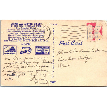 Whitehall Motor Court Roanoke VA D.W. Moomaw 1952 - Original Postcard TJ7-RP2
