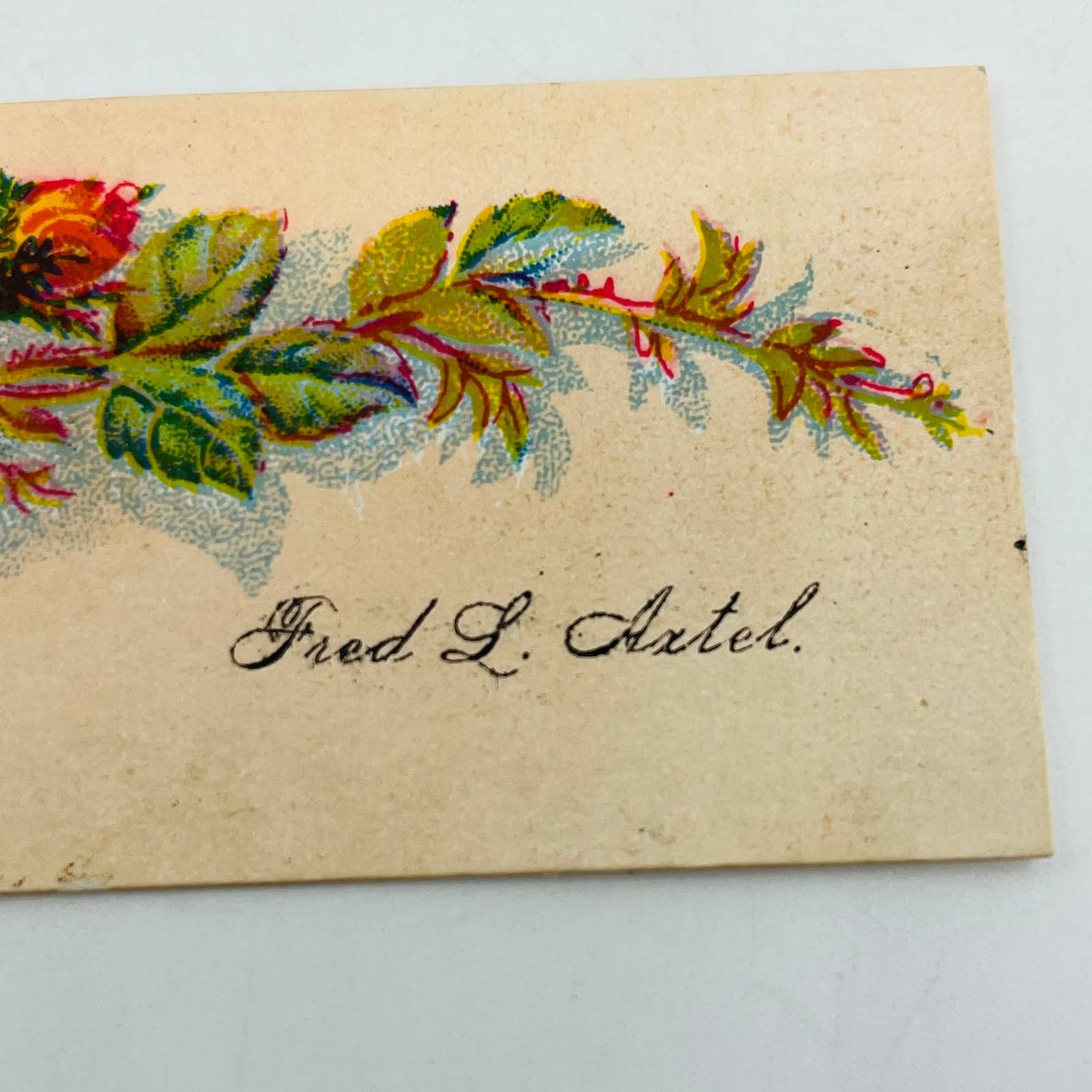 1800s VICTORIAN CALLING CARD LITHO Pink Rose FRED L. AXTEL AA2