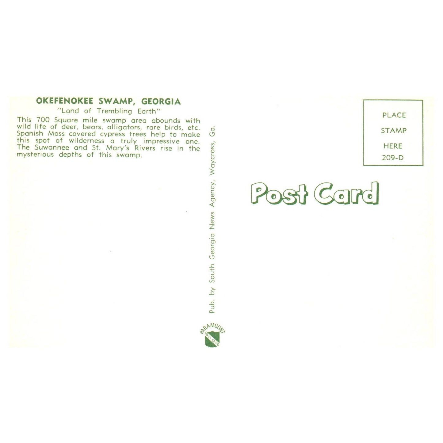 Vintage Postcard - Okefenokee Swamp Georgia AD9
