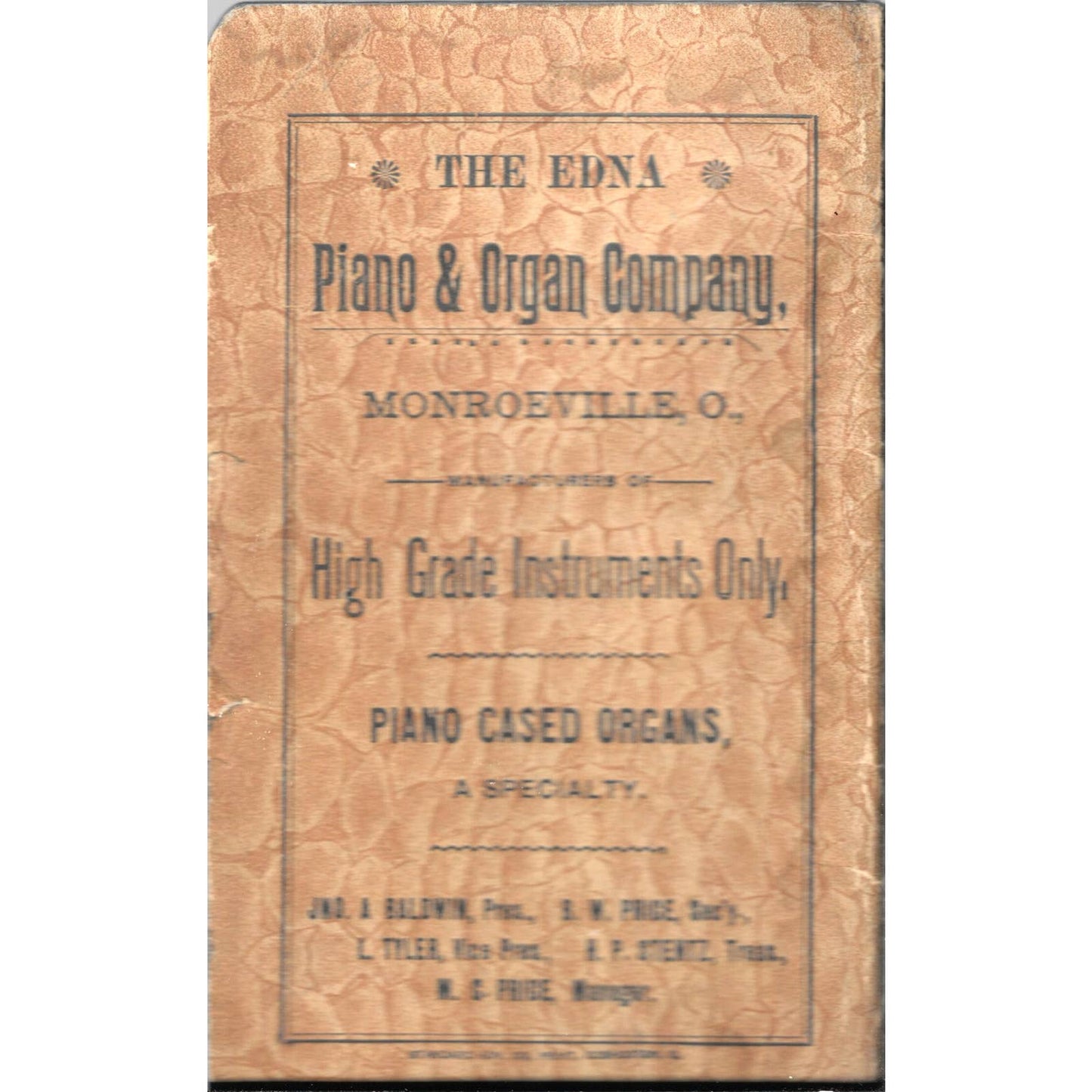 1890s The Edna Piano & Organ Company Advertising Pocket Book Monroeville OH TJ7