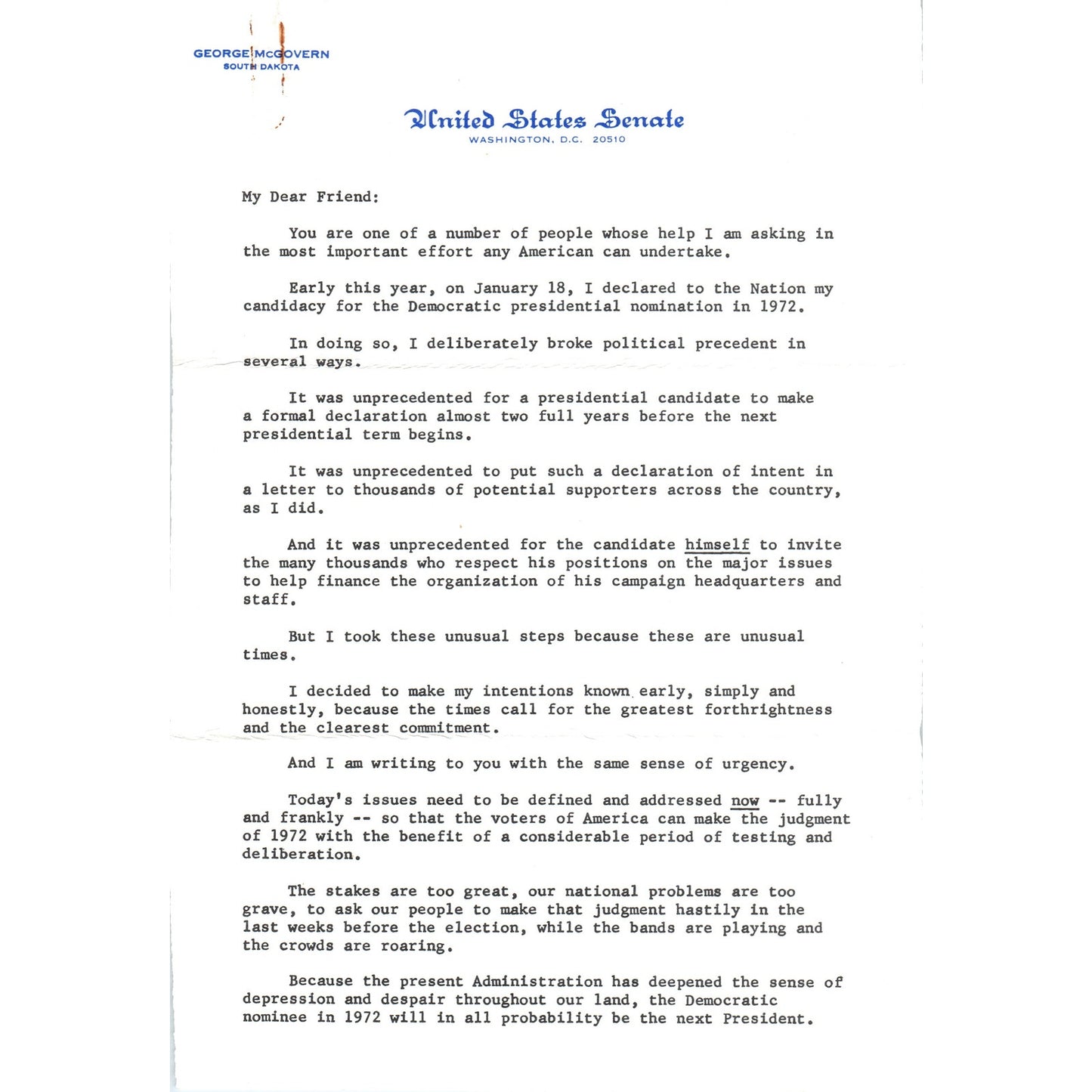 Senator George McGovern Letterhead Declaring Presidential Candidacy 1971 B12