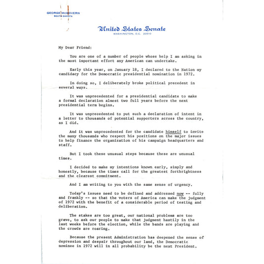 Senator George McGovern Letterhead Declaring Presidential Candidacy 1971 B12