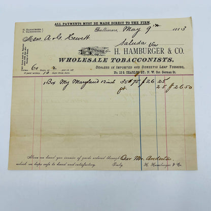 1883 H. Hamburger & Co Tobacconists Baltimore MD Billhead Letterhead Receipt AA4