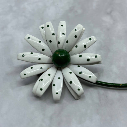 1960s Retro Enamel Daisy Flower Brooch Pin Green White Polka Dots Stem SE6