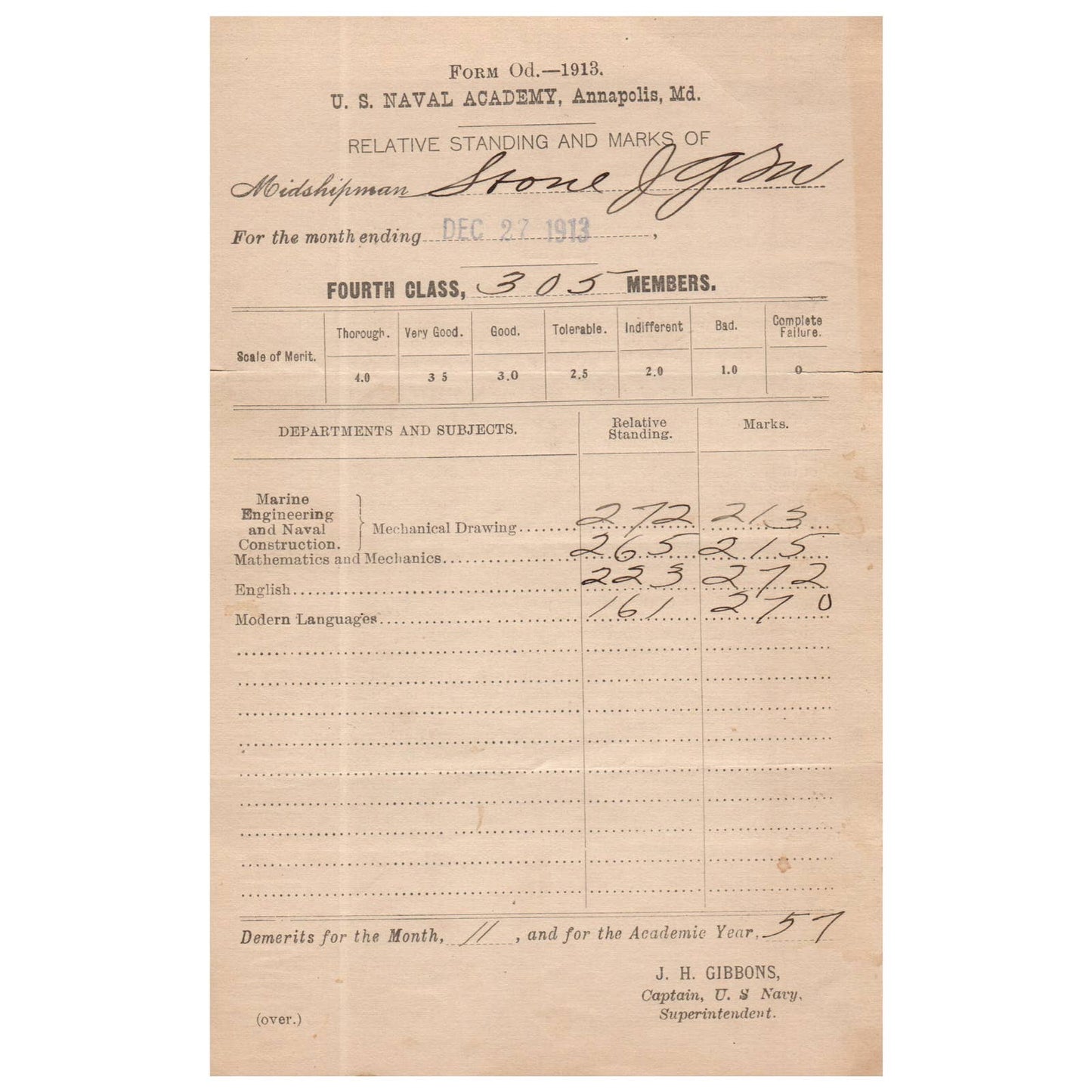 1913 Dec WWI Era US Naval Academy Midshipman JGM Stone Report Card J Gibbons AC9