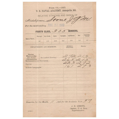 1913 Dec WWI Era US Naval Academy Midshipman JGM Stone Report Card J Gibbons AC9