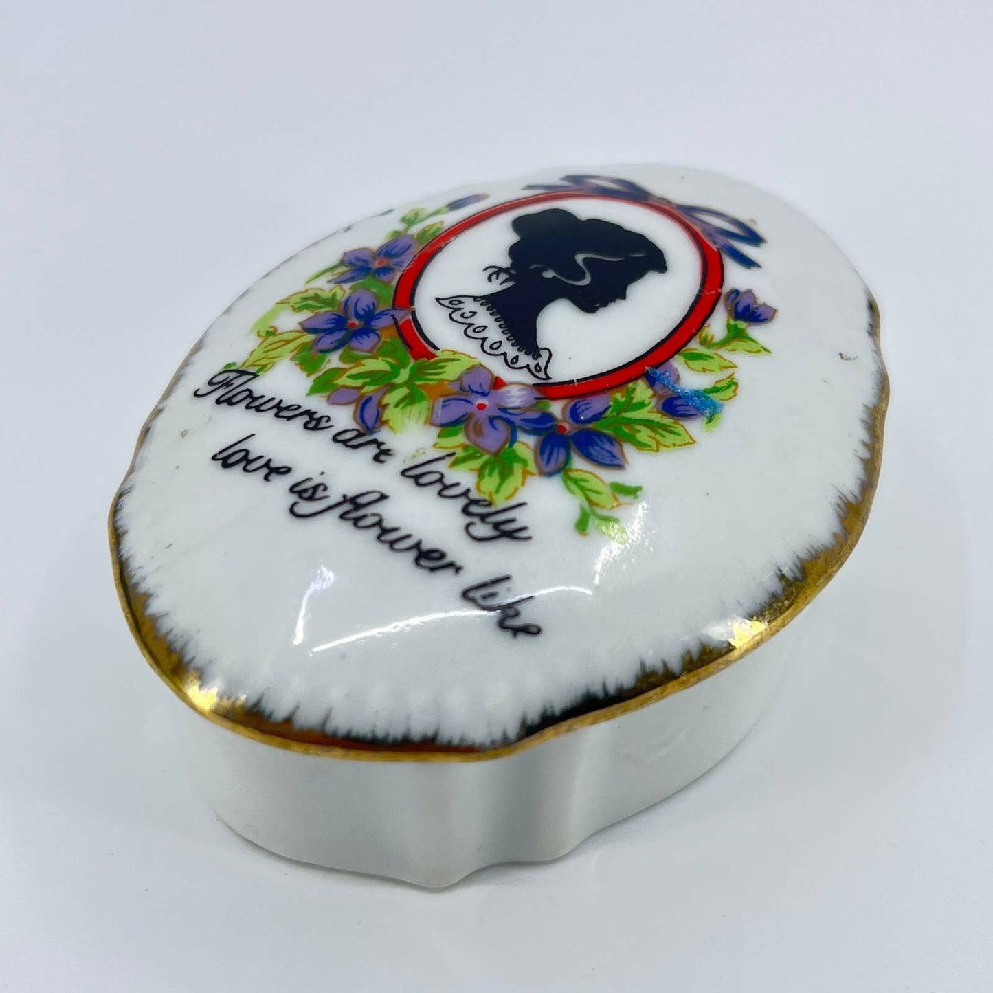 Vintage Porcelain Dresser Trinket Box Silhouette Flowers are Lovely SD1