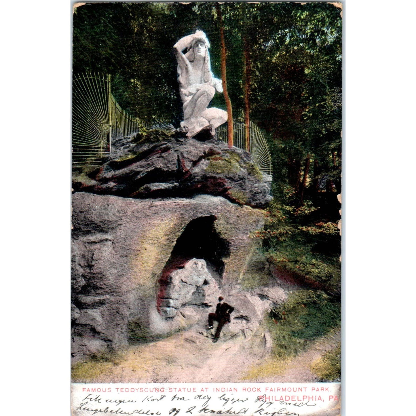 1906 Postcard Teddyscung Statue Indian Rock Fairmount Park Philadelphia PA TI1-1