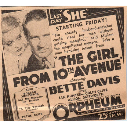 1935 Minneapolis Journal Newspaper Ad The Girl from 10th Ave at the Orpheum FL5-6