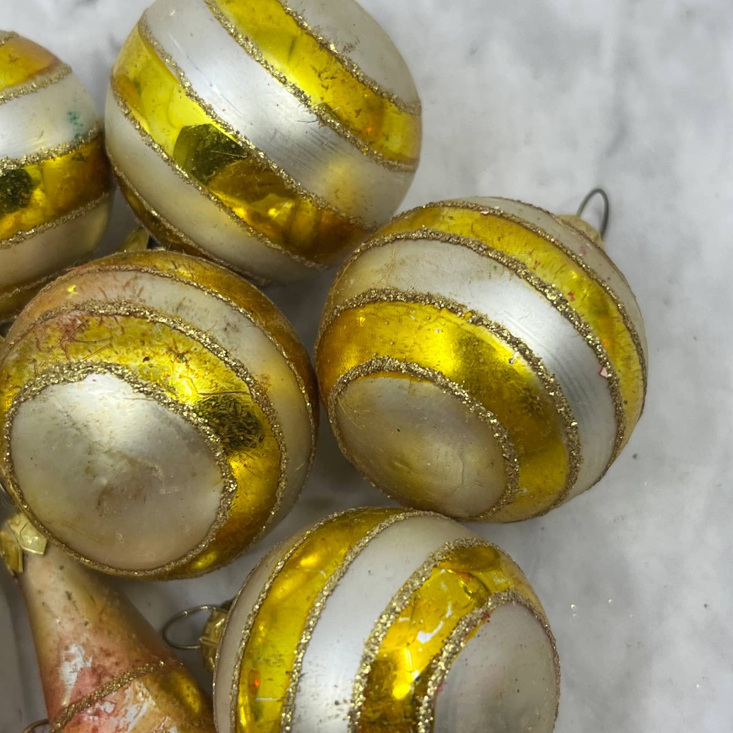 Vintage Lot of 11 Small Mercury Glass Ornaments White Gold Mica OT1