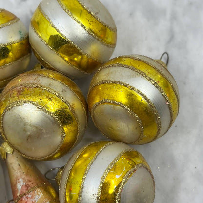 Vintage Lot of 11 Small Mercury Glass Ornaments White Gold Mica OT1