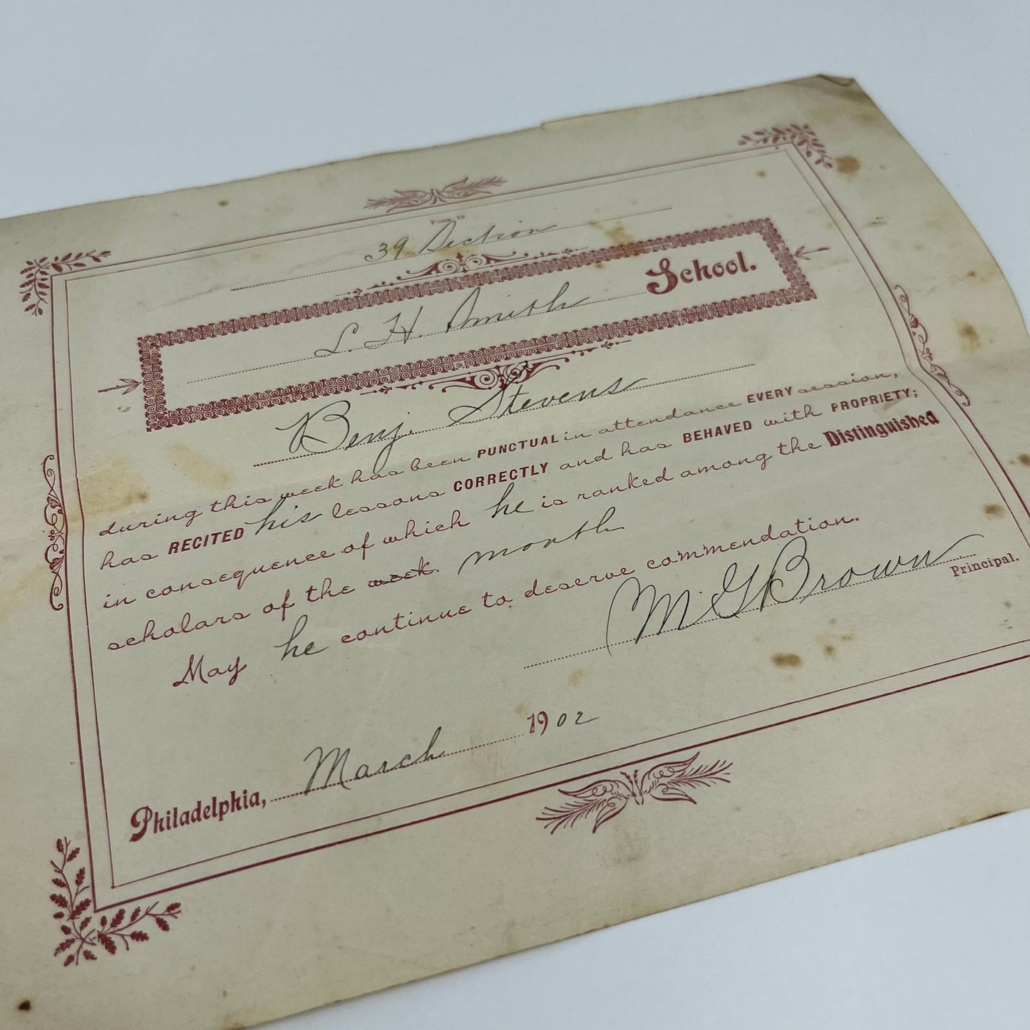 Lot of 1901-02 School Commendation Letters L.H. Smith School Philadelphia PA B6