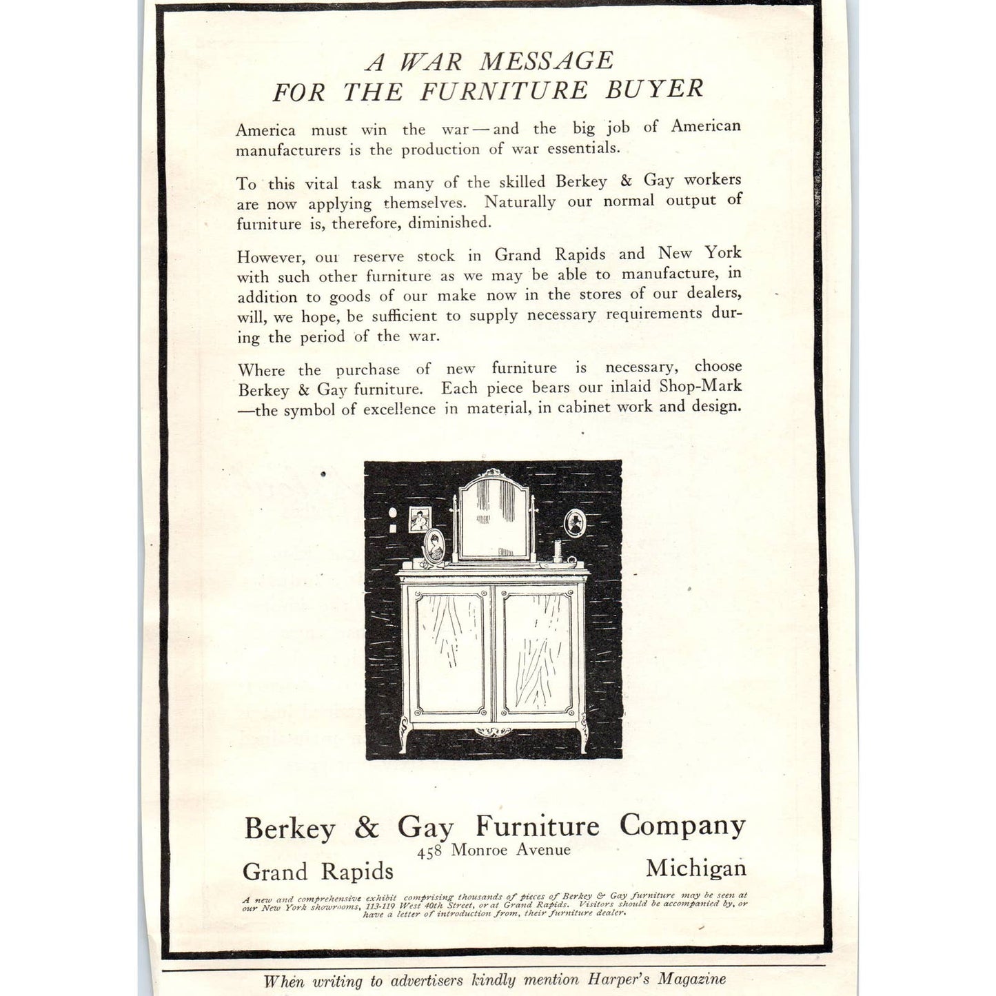 c1920 Harper's Magazine Ad Berkey & Gay Furniture Company Grand Rapids MI TF6-1