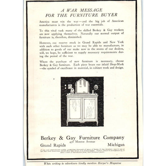 c1920 Harper's Magazine Ad Berkey & Gay Furniture Company Grand Rapids MI TF6-1