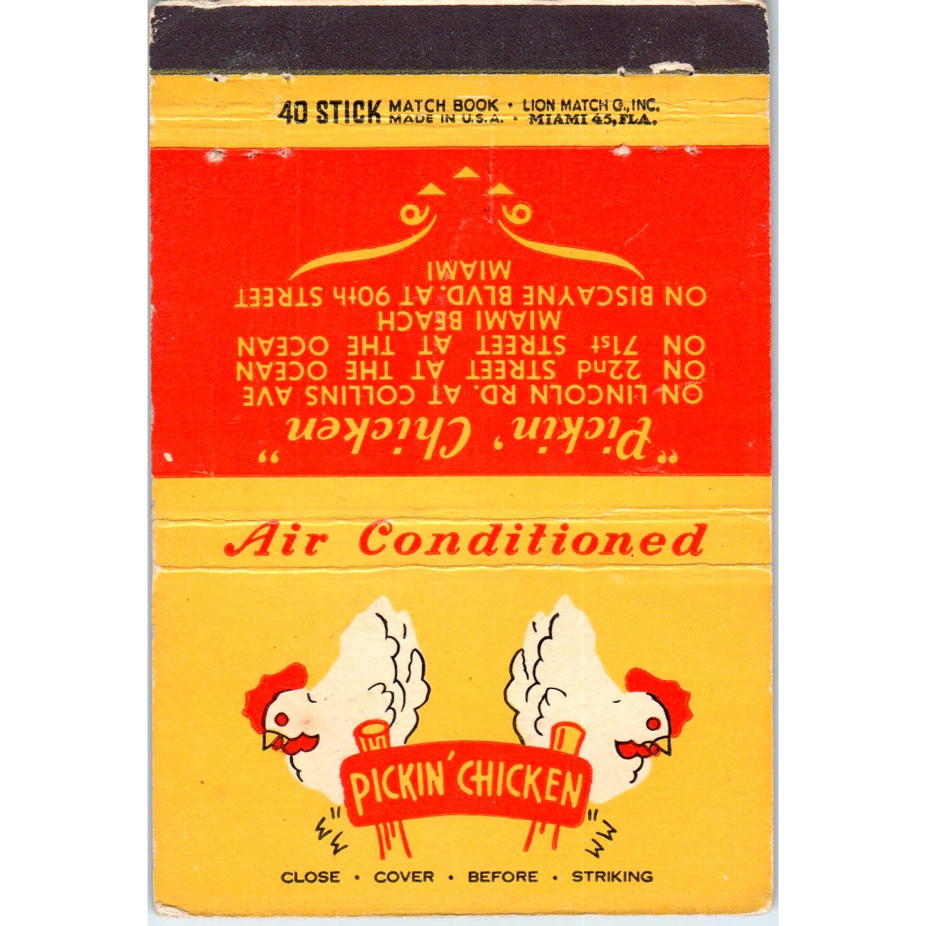 Pickin' Chicken Restaurant Miami FL Advertising Matchbook Cover SA6-M5